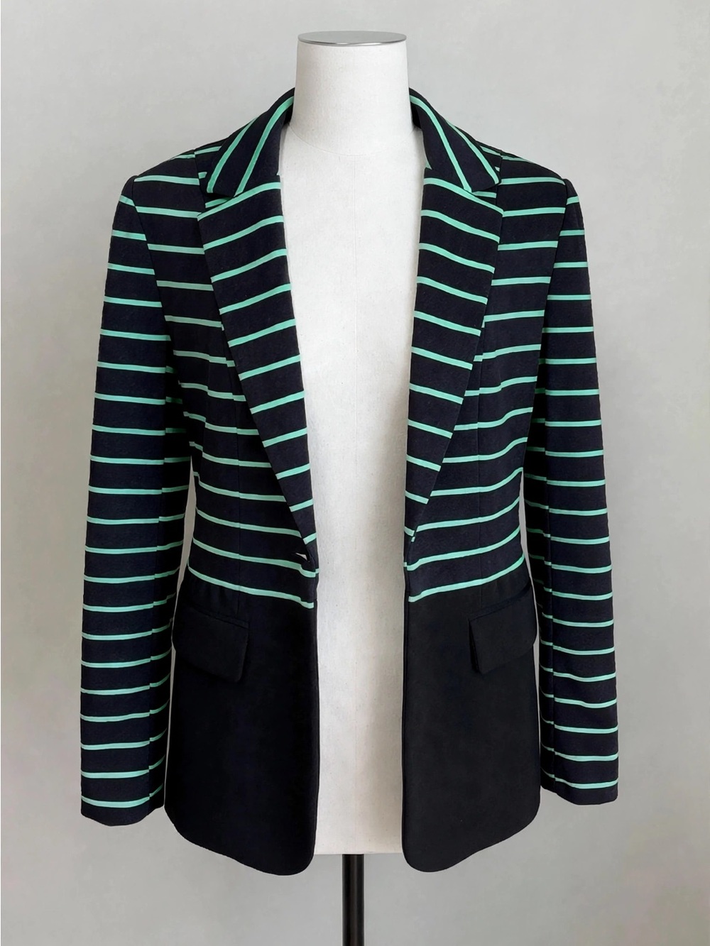 Grace Elements Open-Front Ponte Blazer Size 2 Black Mint Green Striped